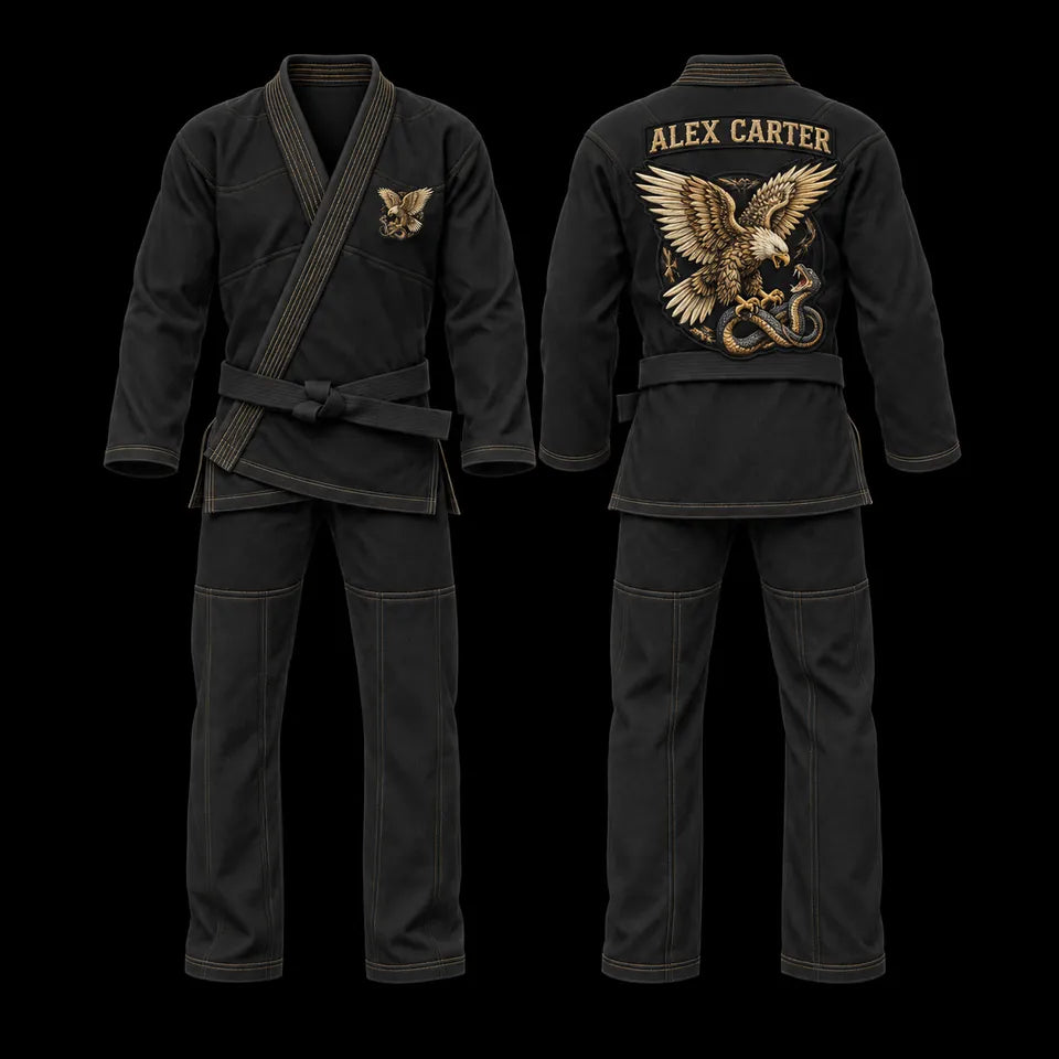Premium Gi: Front view; black fabric, eagle and serpent crest, eagle and serpent with waves and peonies lining