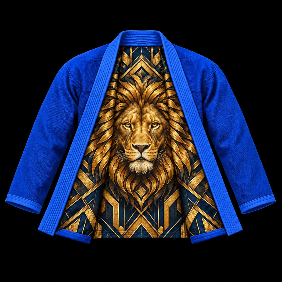 Premium Gi: Open jacket with printed inner lining; blue fabric, lion roundel crest, lion portrait and gold geometric pattern lining