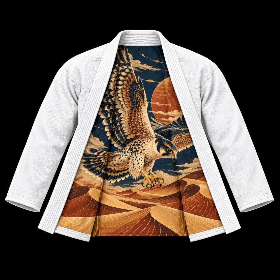 Premium Gi: Open jacket with printed inner lining; white fabric, falcon crest, falcon above desert dunes lining