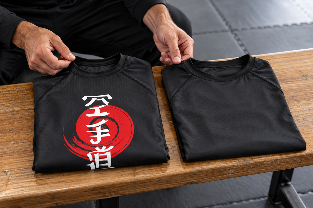 Athlete wearing a black BJJ rashguard with visible neckline