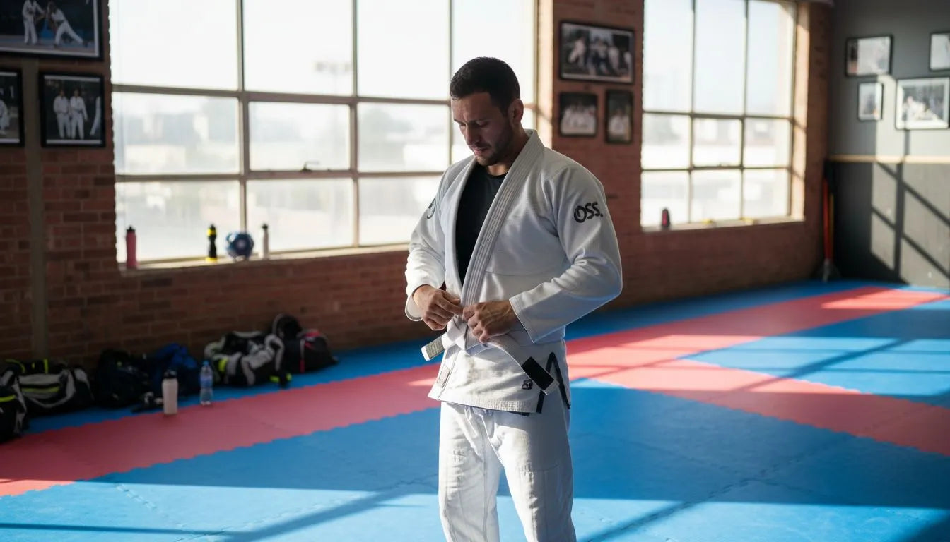 BJJ athlete adjusting custom gi in studio
