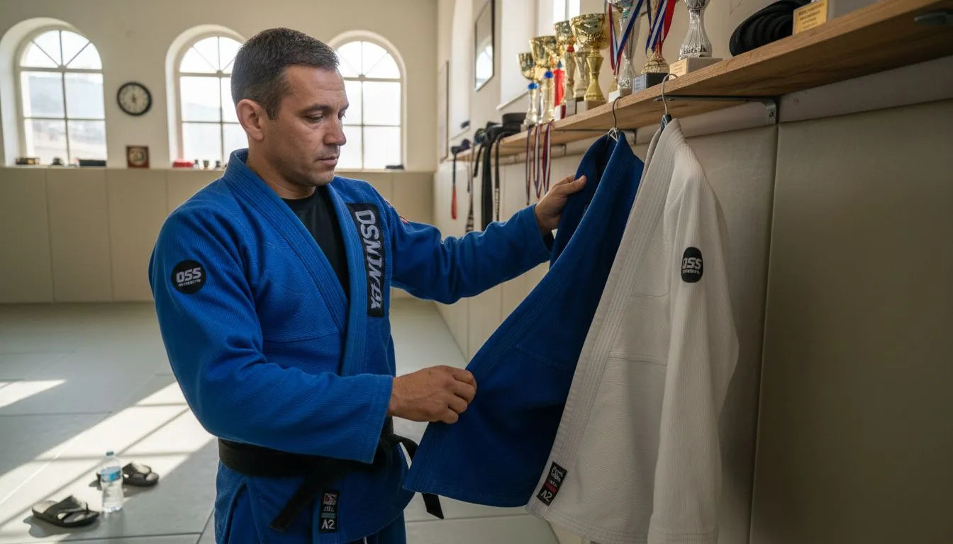 Athlete comparing two BJJ gis in dojo