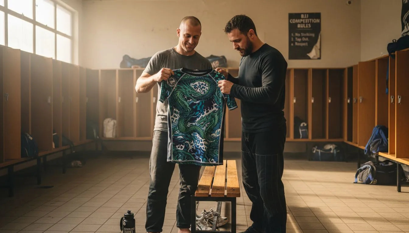 Athletes examining custom BJJ rashguard