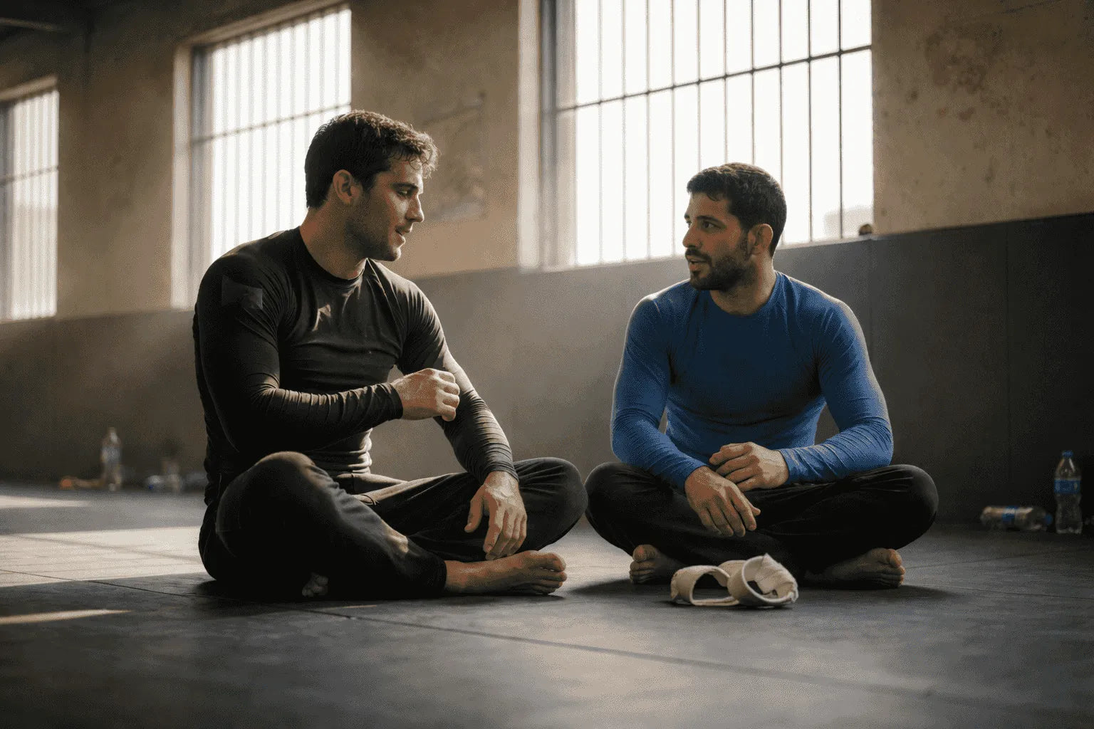 BJJ athletes in rashguards warming up