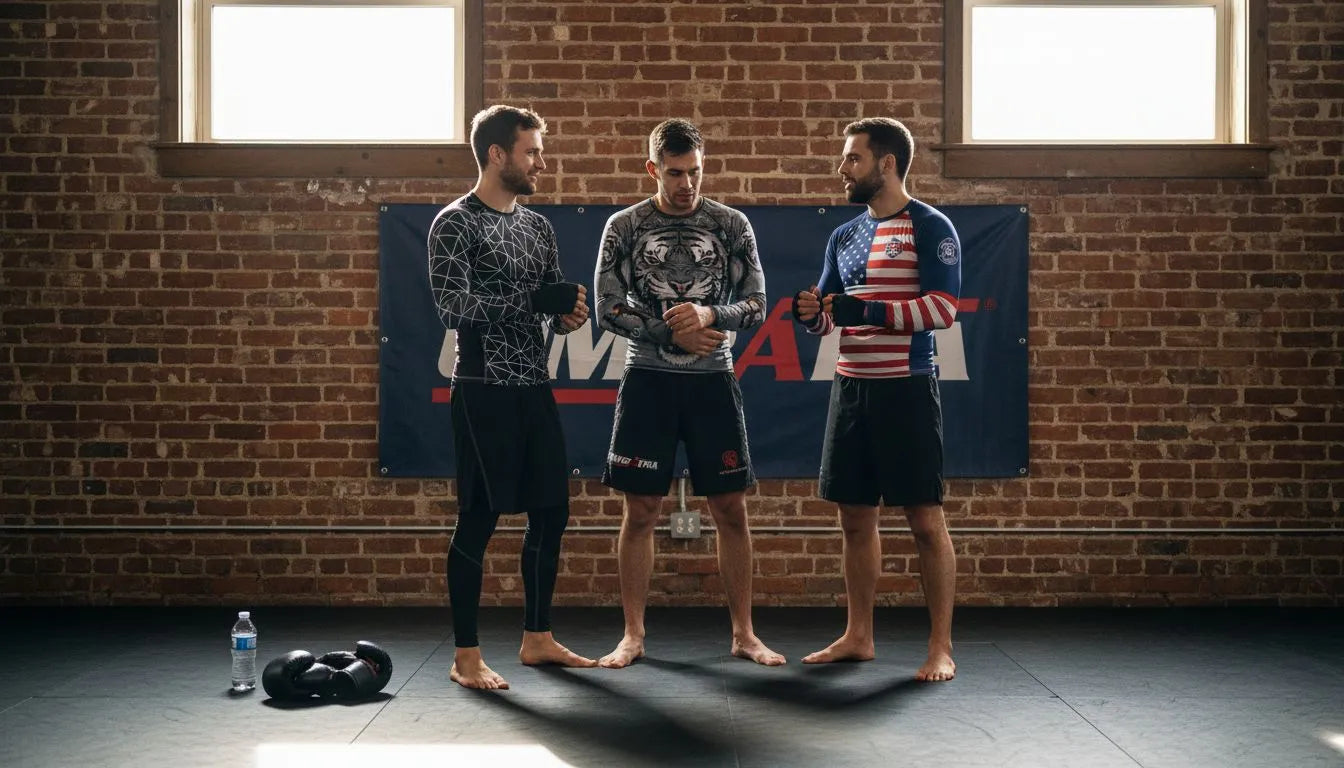Fighters in varied rashguard designs chatting in sunlit gym