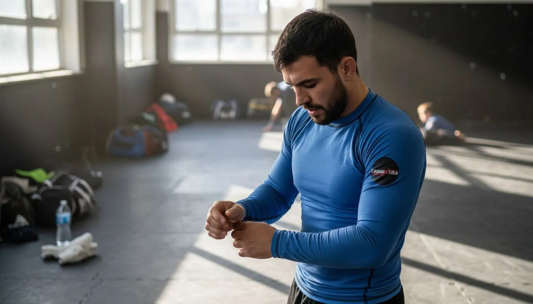 BJJ athlete adjusting rashguard on gym mat