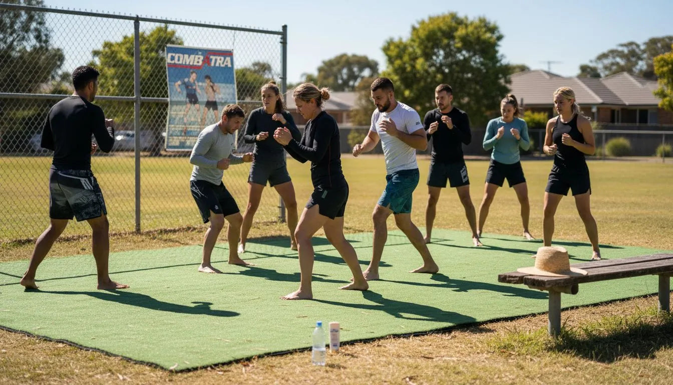 Martial artists training outdoors with sun protection