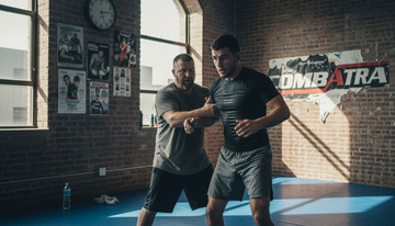 MMA fighter grappling in gym with rashguard