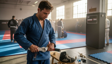 BJJ athlete tying blue gi belt in gym