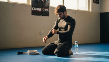BJJ athlete adjusting 240 GSM rashguard in gym