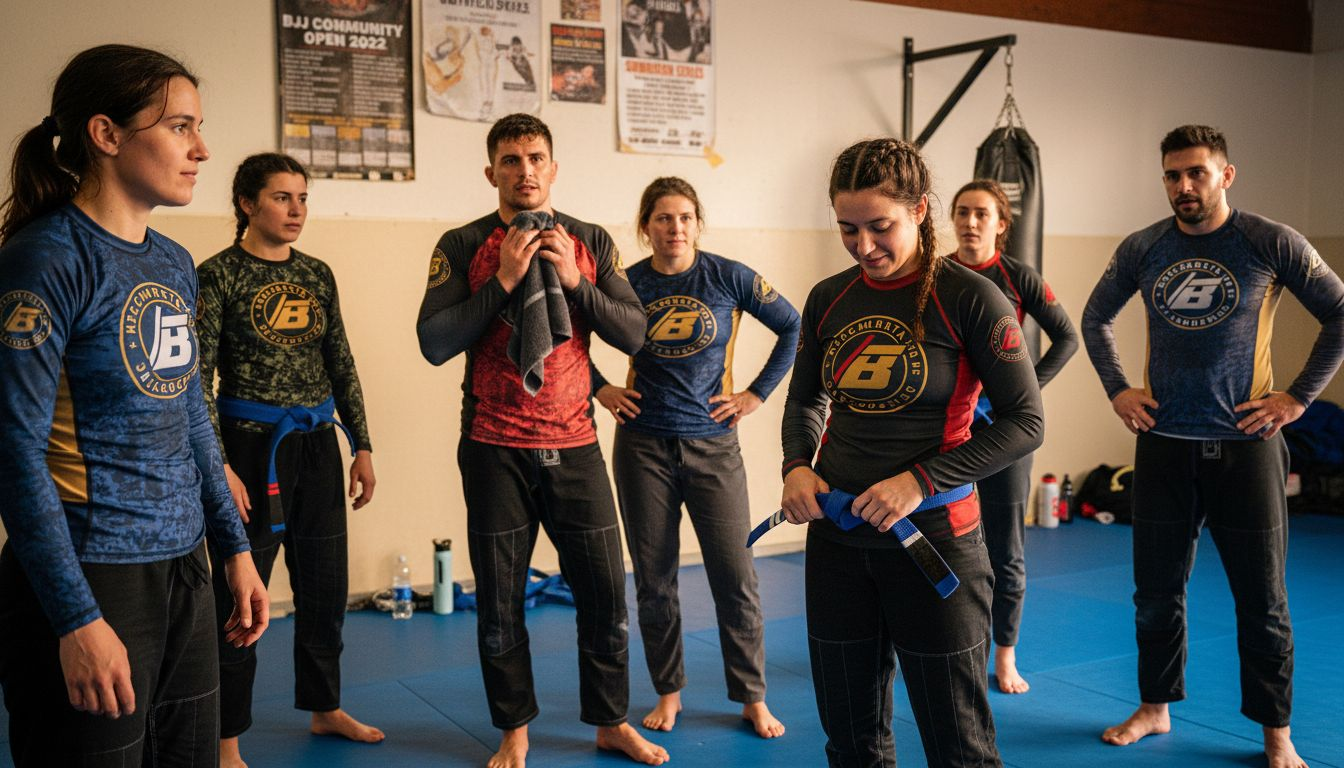 BJJ team wearing custom academy rashguards