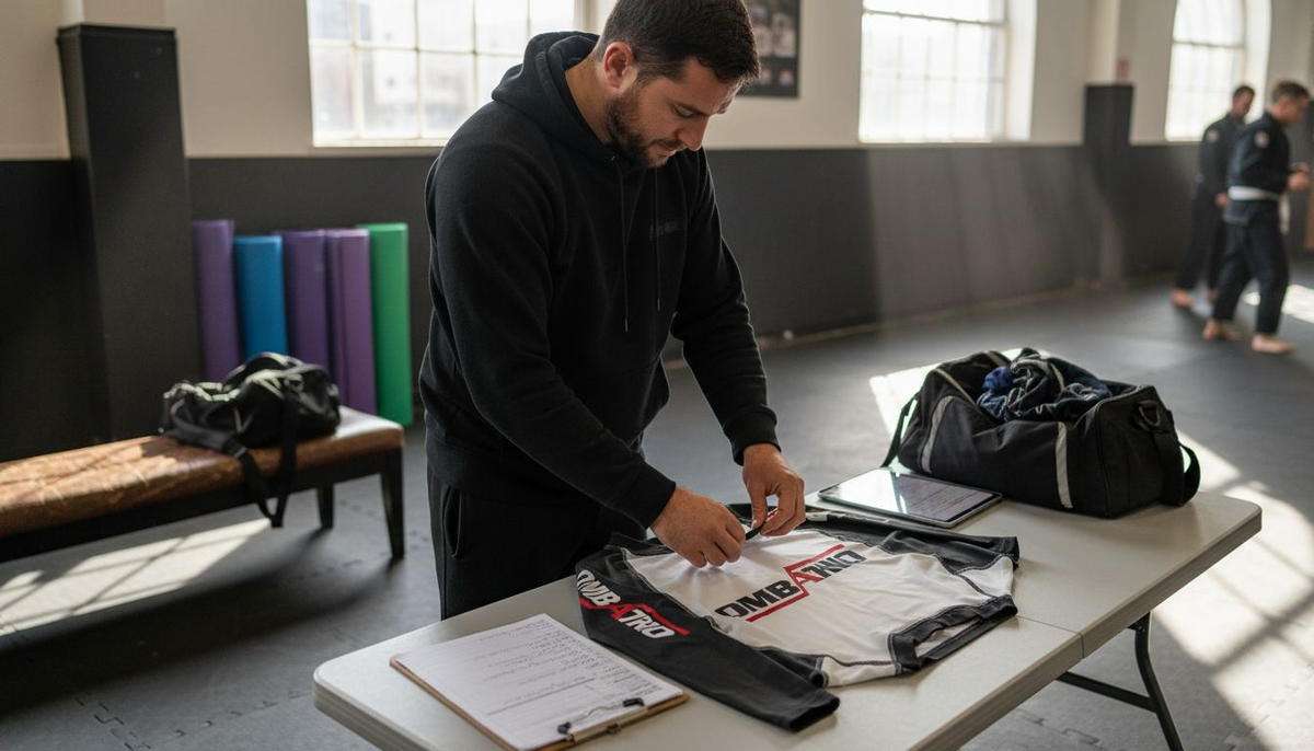BJJ academy owner inspecting branded rashguard