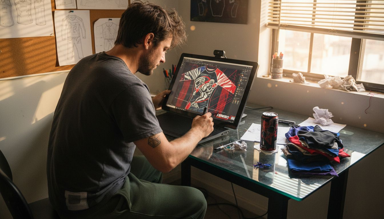 Designer working on custom BJJ rashguard artwork