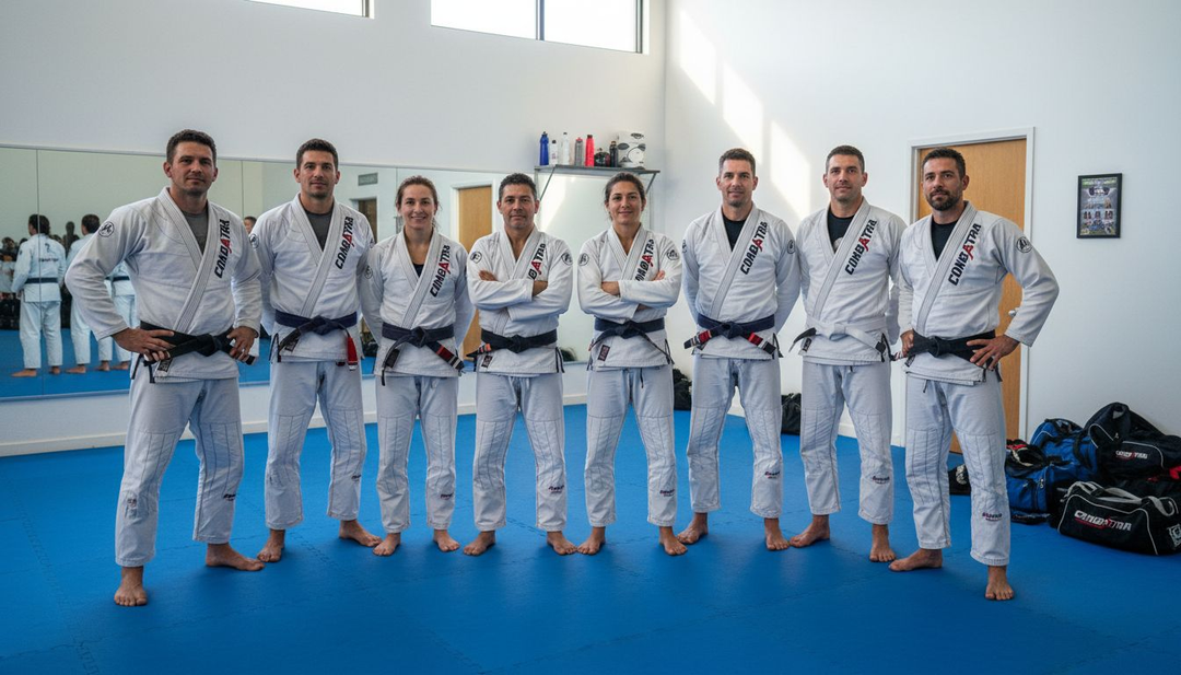 Team wearing custom BJJ gis in gym
