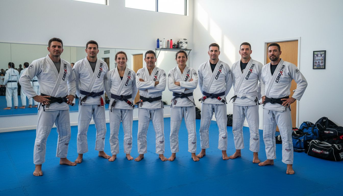 Team wearing custom BJJ gis in gym