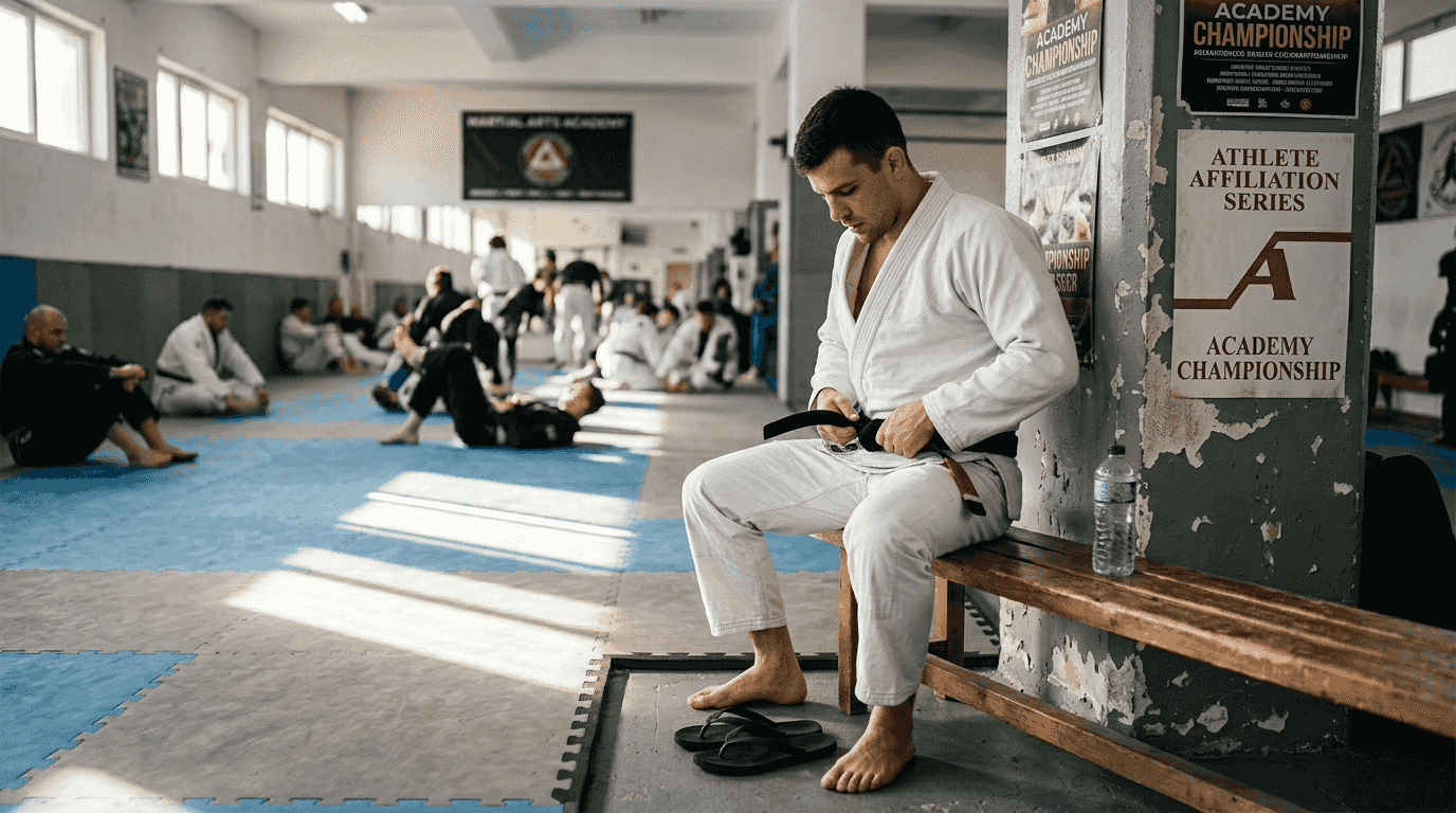 BJJ practitioner adjusts white gi in gym