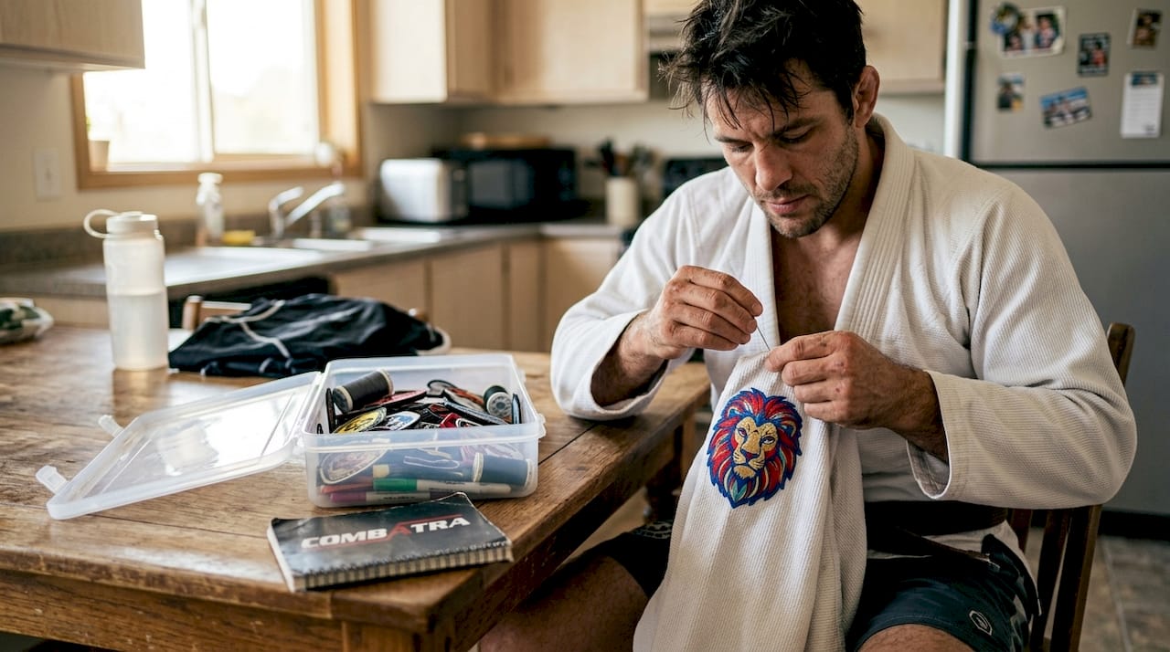 Man sewing patch on BJJ gi in kitchen