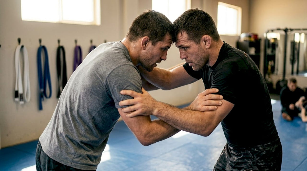 No-gi BJJ athletes drilling in gym setting