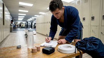 BJJ athlete organizes gear in gym locker room