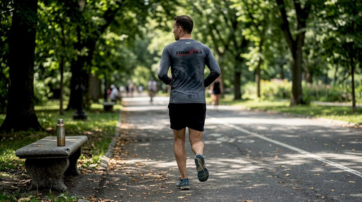 Athlete jogging in UPF 50 rash guard outdoors
