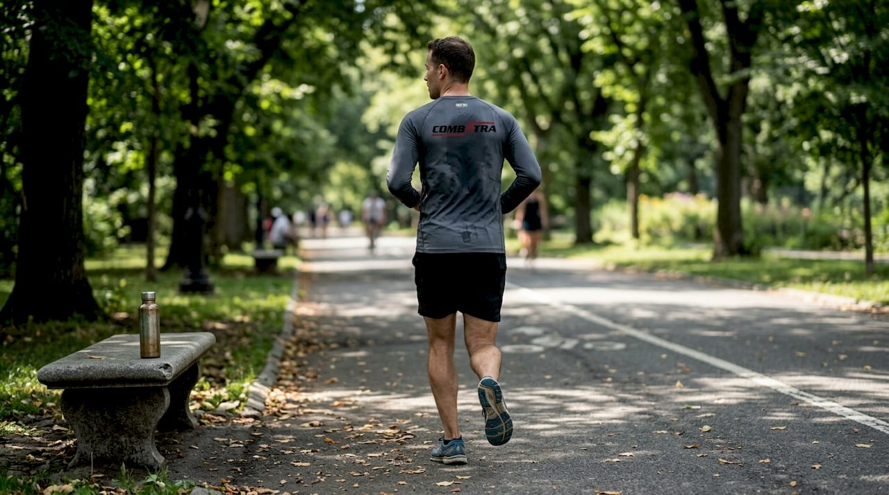 Athlete jogging in UPF 50 rash guard outdoors
