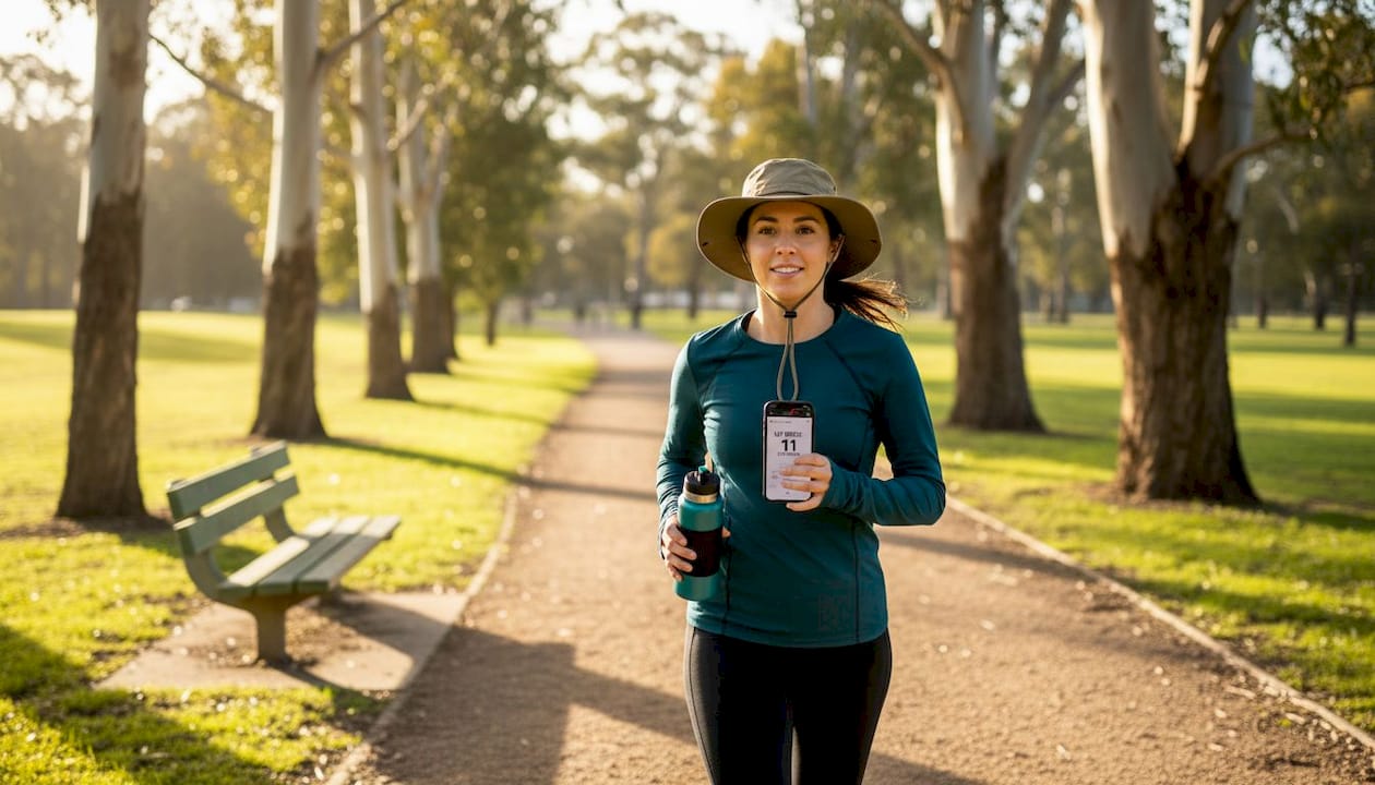 Runner checking UV Index in sunny Australian park