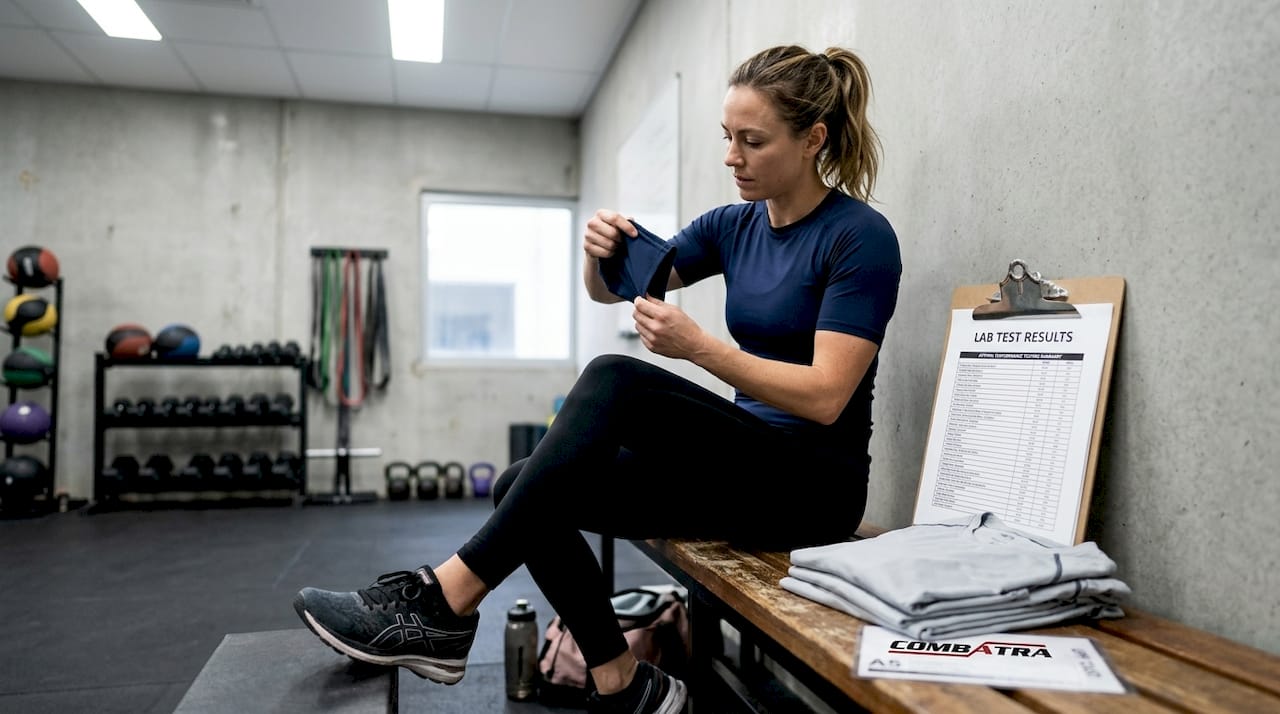 Athlete inspects UV clothing in sports lab