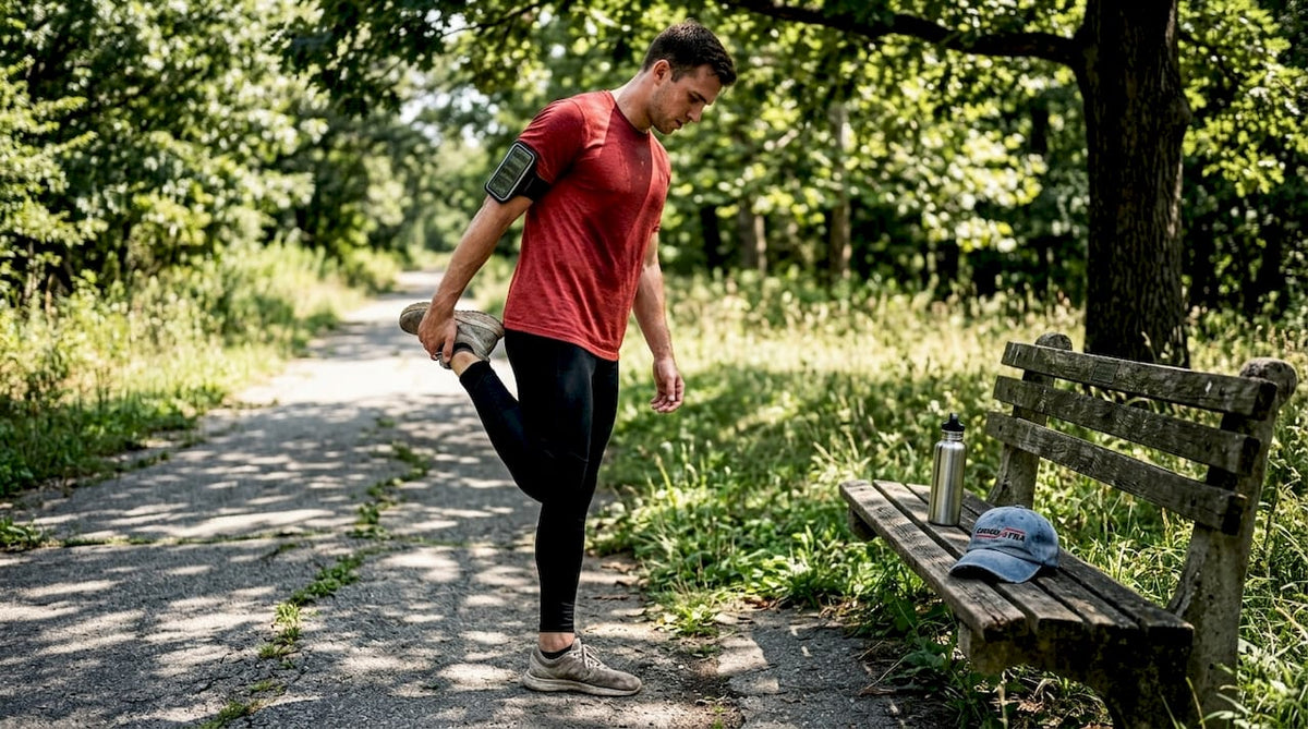 Runner stretching in compression pants on summer trail