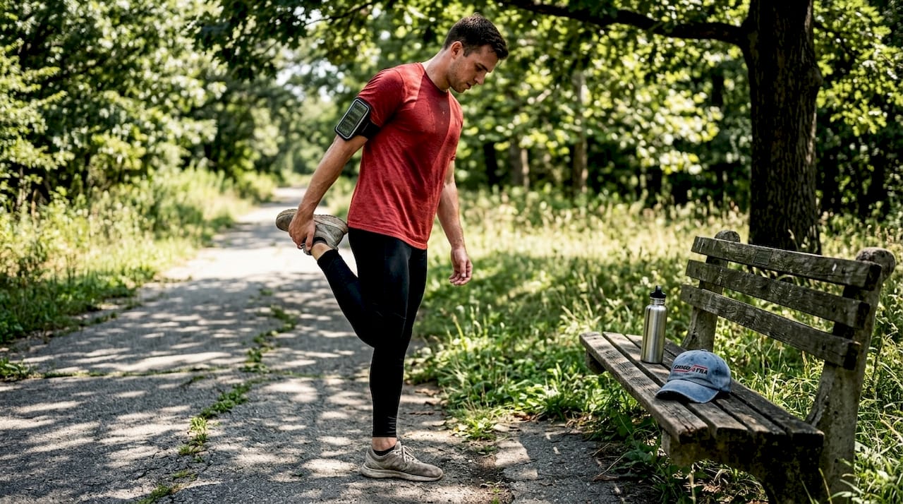 Runner stretching in compression pants on summer trail