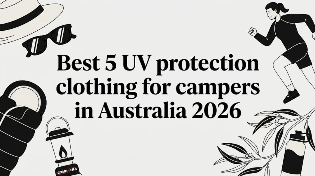 Title card with UV-protection clothing and camping icons