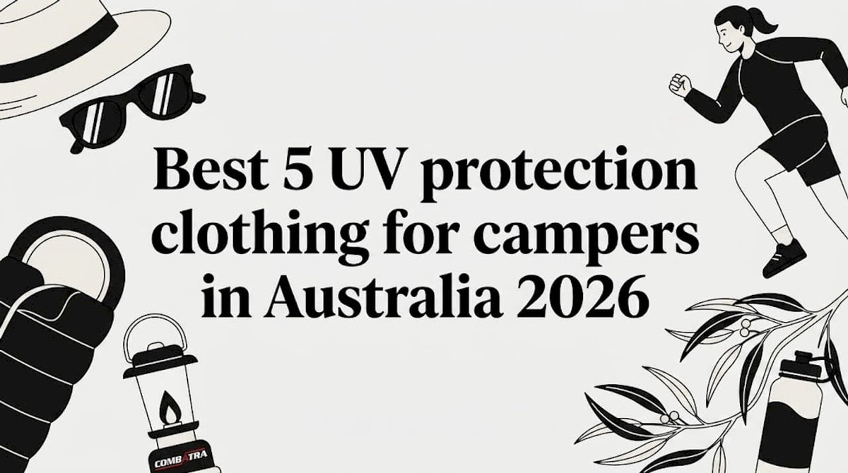 Title card with UV-protection clothing and camping icons