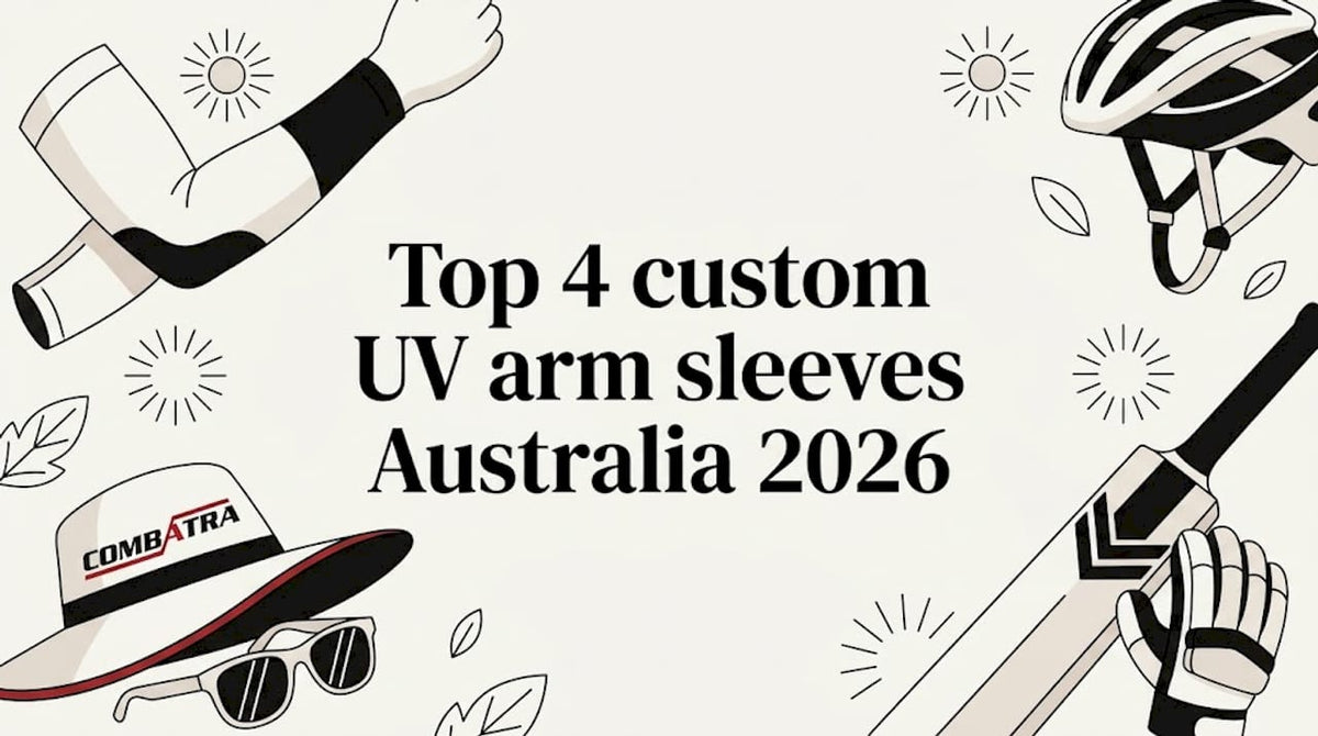 Decorative title card with UV arm sleeve illustrations and sporting props