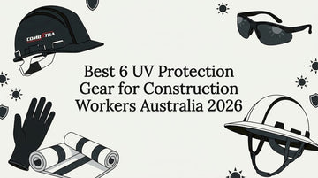 Flat vector illustrated title card with sun protection construction gear