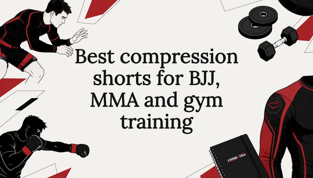 Decorative title card with combat sports illustrations