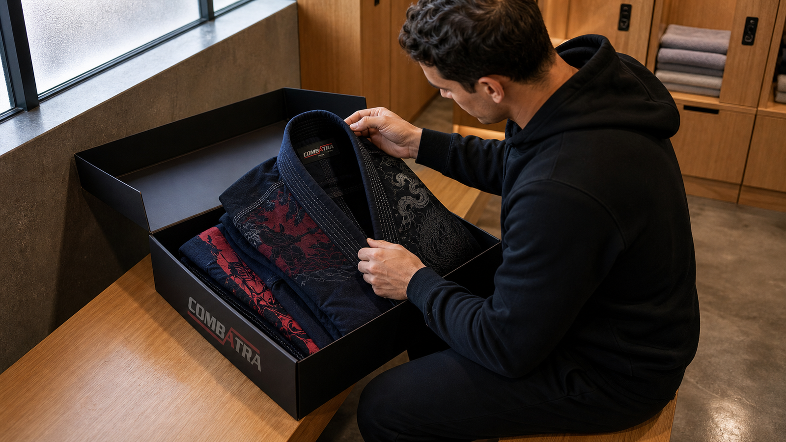 Beginner inspecting an illustrated premium BJJ Gi inside a Combatra garment box