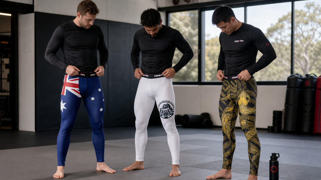 Three athletes wearing Combatra Australia Pride, Brazilian Monkey and Snake Fury compression pants