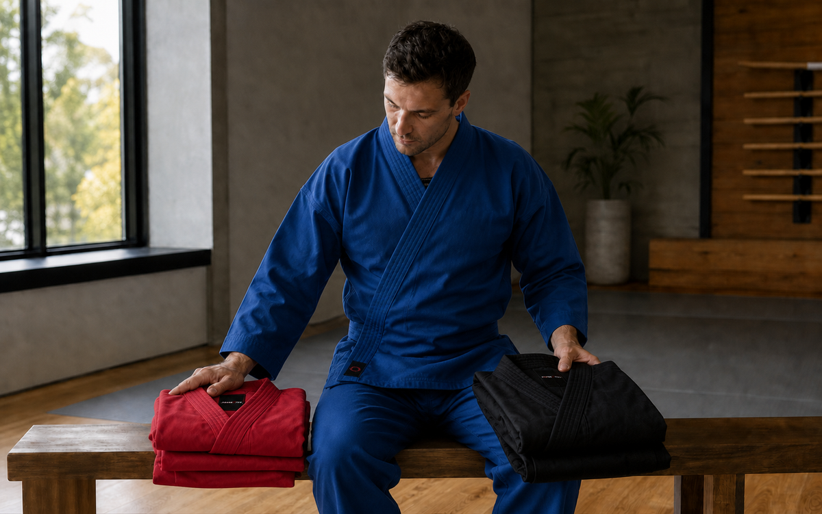 Karate Uniform Colours Australia: First Dojo Choice Guide hero editorial scene with product-accurate Combatra artwork and placement