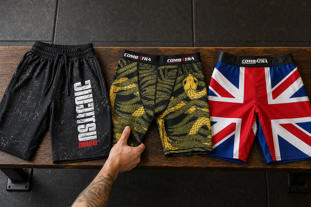 Training Shorts vs Compression Shorts Australia: Choose Your No-Gi Bottom Layer hero editorial scene with product-accurate Combatra artwork and placement