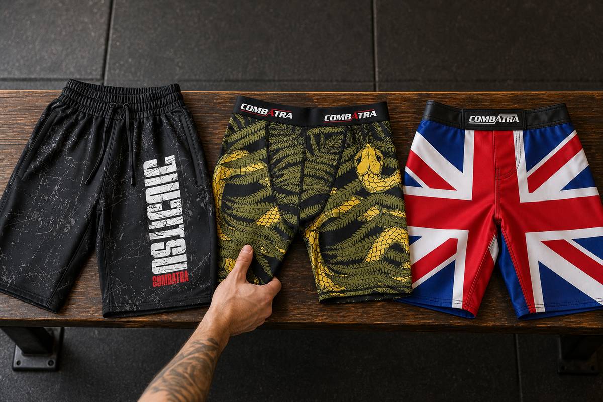 Training Shorts vs Compression Shorts Australia: Choose Your No-Gi Bottom Layer hero editorial scene with product-accurate Combatra artwork and placement