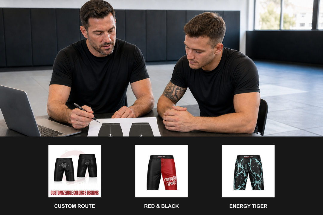 coach and athlete reviewing a custom MMA shorts team brief