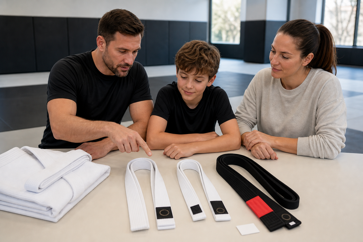 adult coach child and parent comparing BJJ belt routes