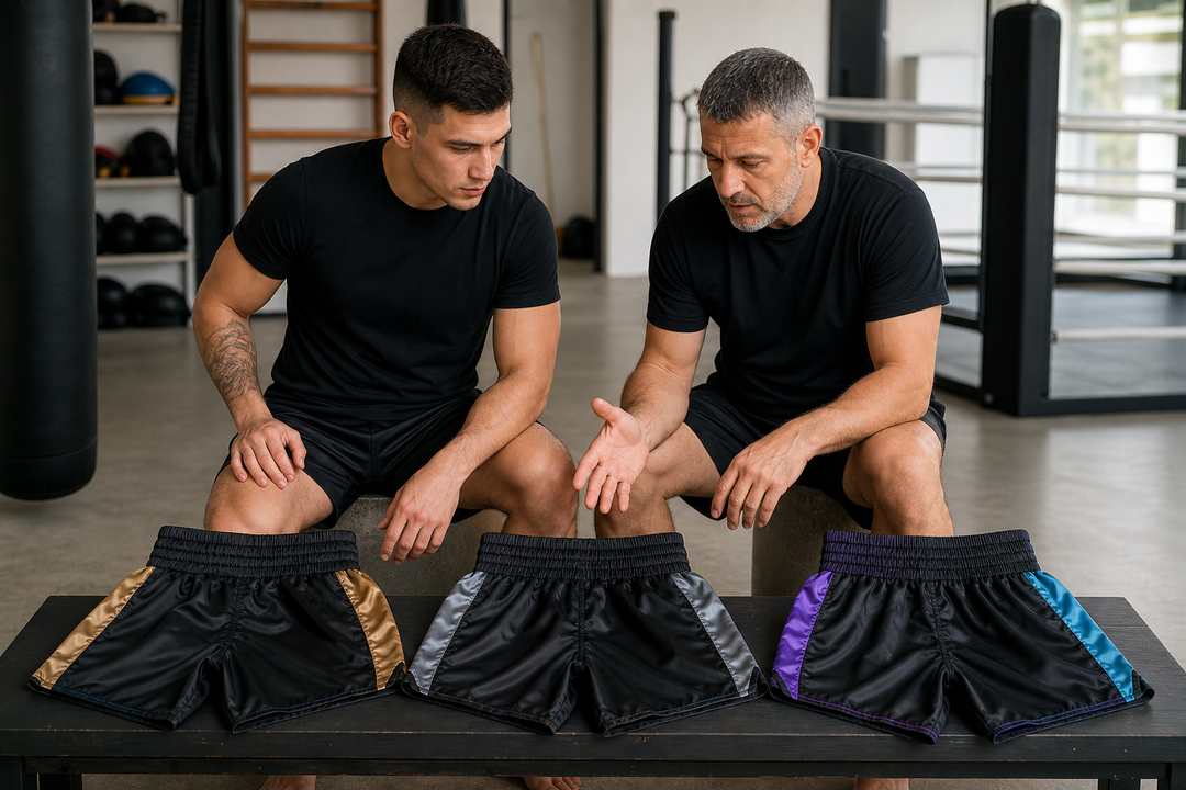 athlete and coach comparing three plain Muay Thai shorts colour routes