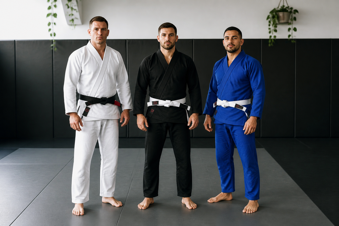 Three athletes wearing white, black and blue Combatra BJJ gis