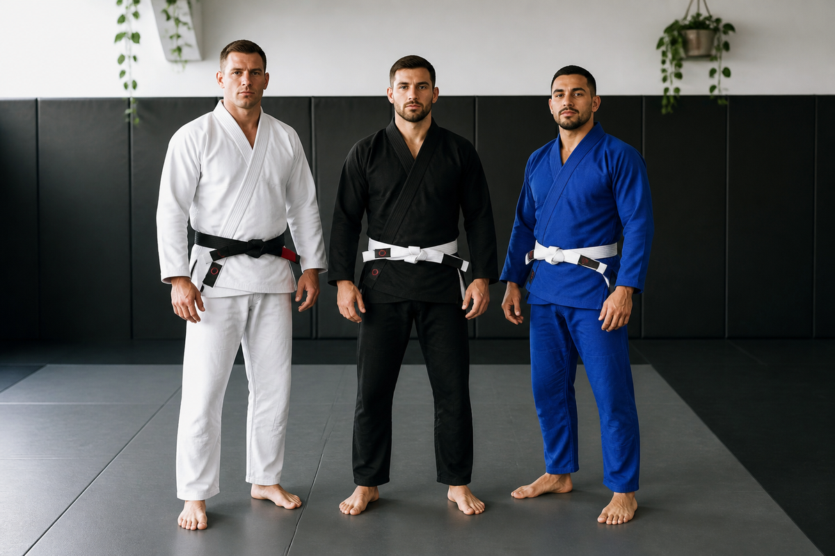 Three athletes wearing white, black and blue Combatra BJJ gis