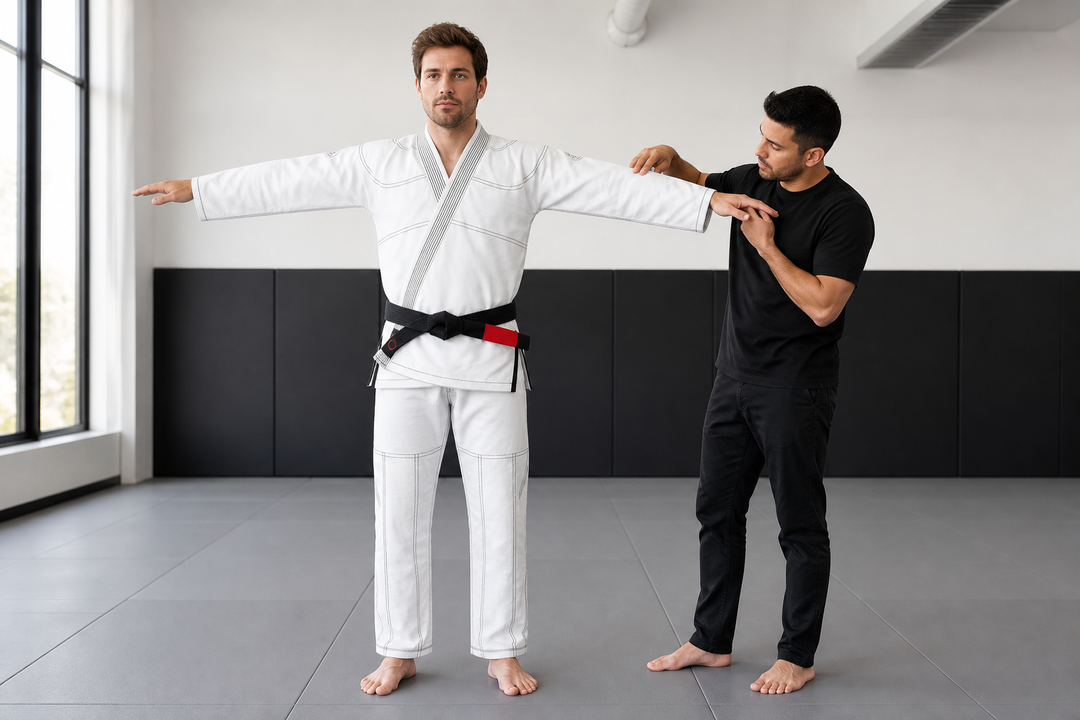 Coach checking sleeve reach on a white and black Combatra gi