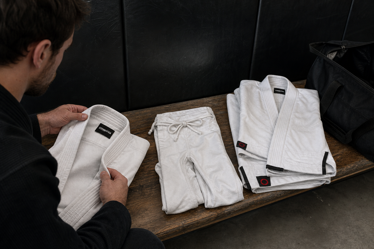 White Combatra gi jacket, pants and full set arranged as replacement options