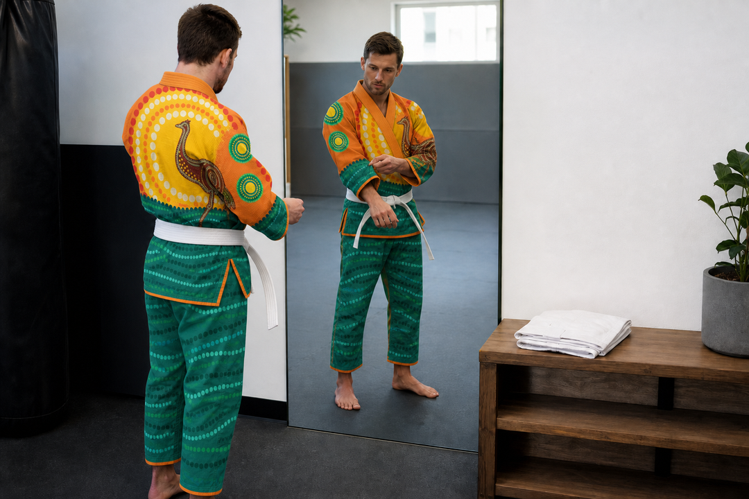 Athlete checking the fit of a Combatra Australian Emu Art gi in a mirror