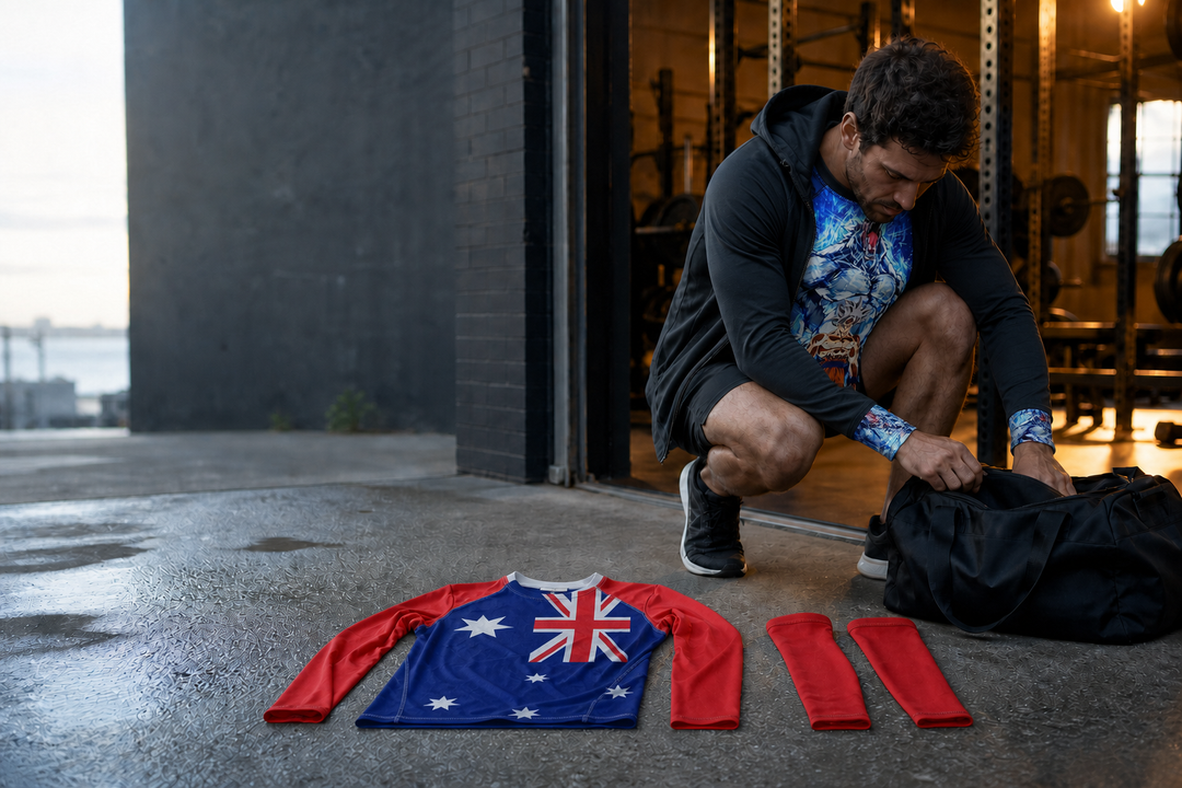 Athlete preparing a Combatra Anime Ascension rashguard and Australia Flag training layer for a cold-start session