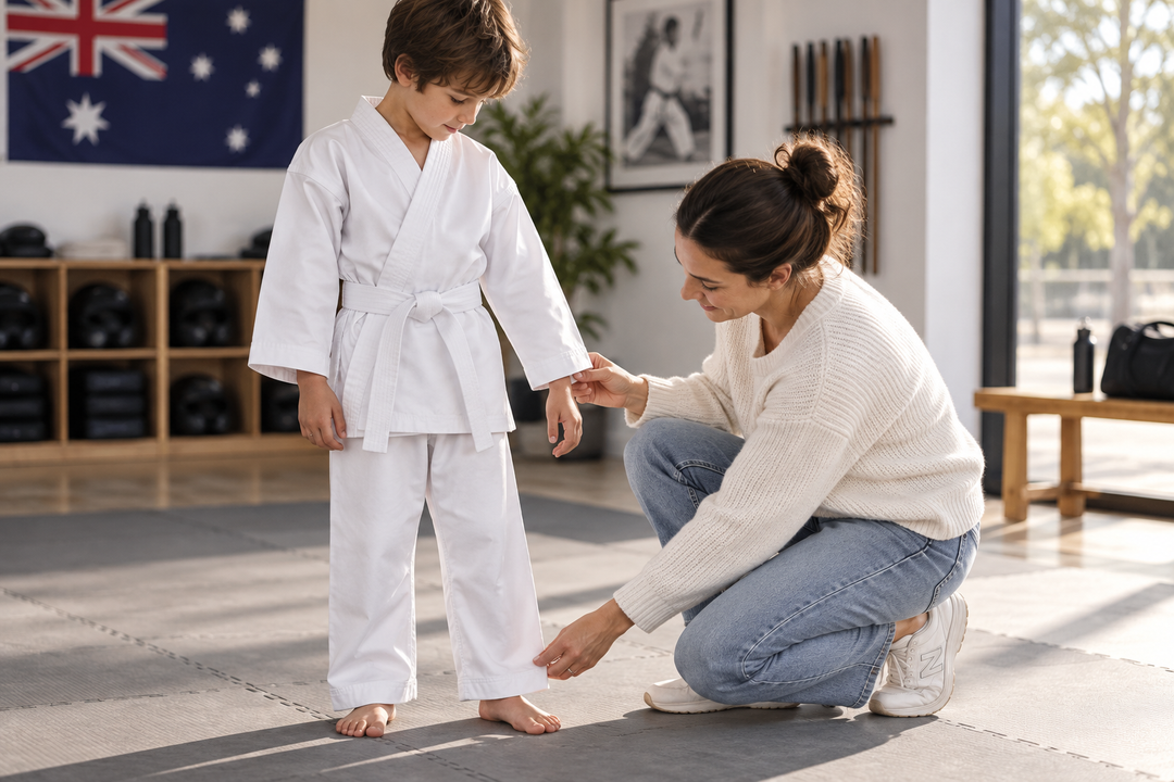 Australian parent and child checking Combatra martial arts gear fit before Term 4