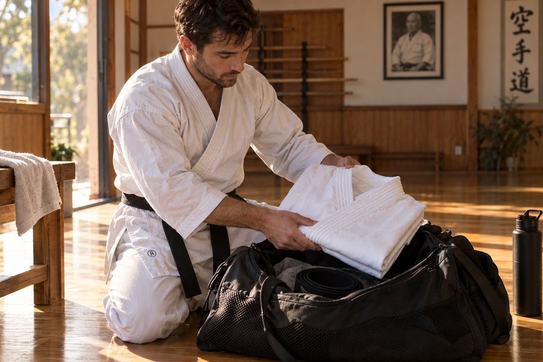 Australian karate student checking a weekly class schedule beside two distinct Combatra uniforms